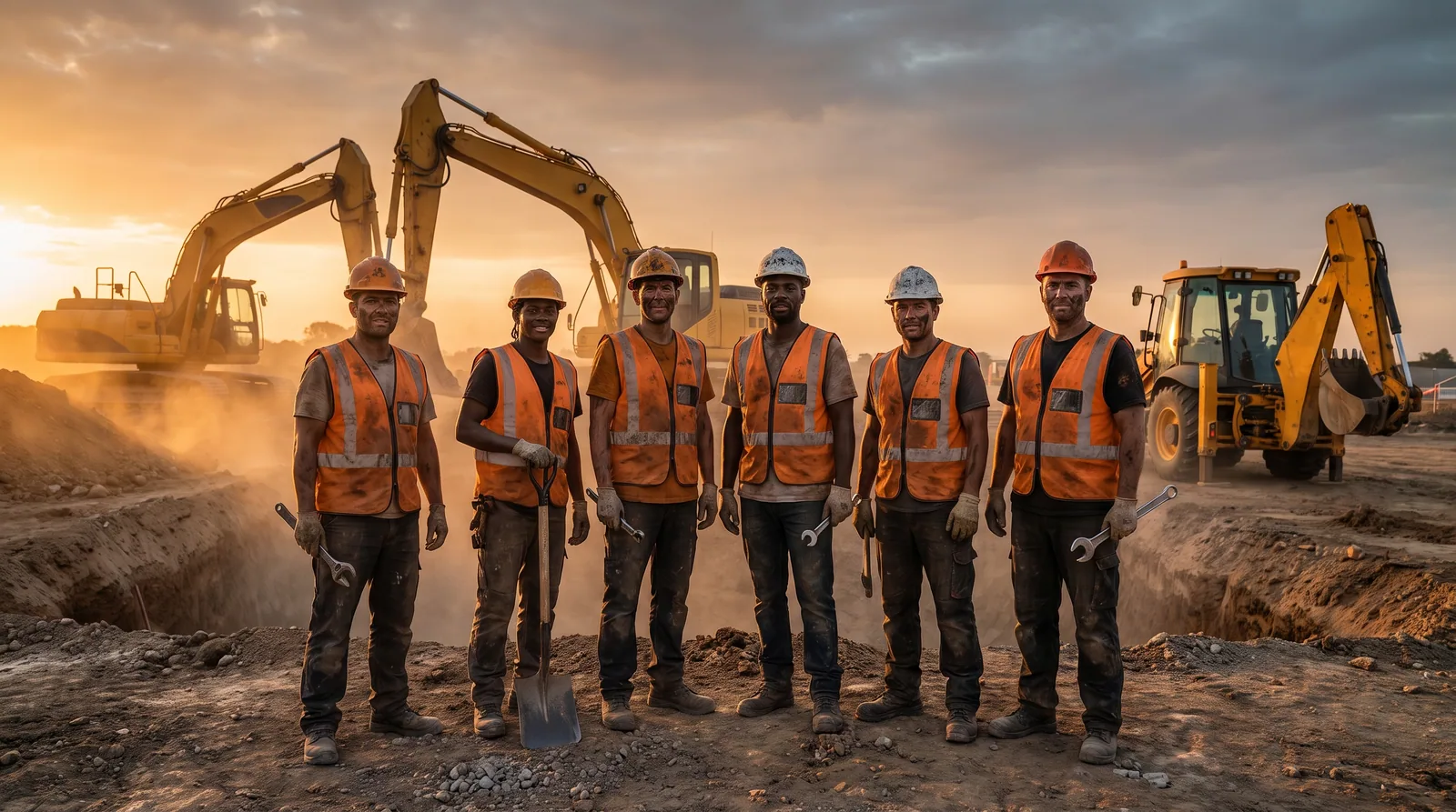 Crew of utility construction workers in amber hi-vis gear