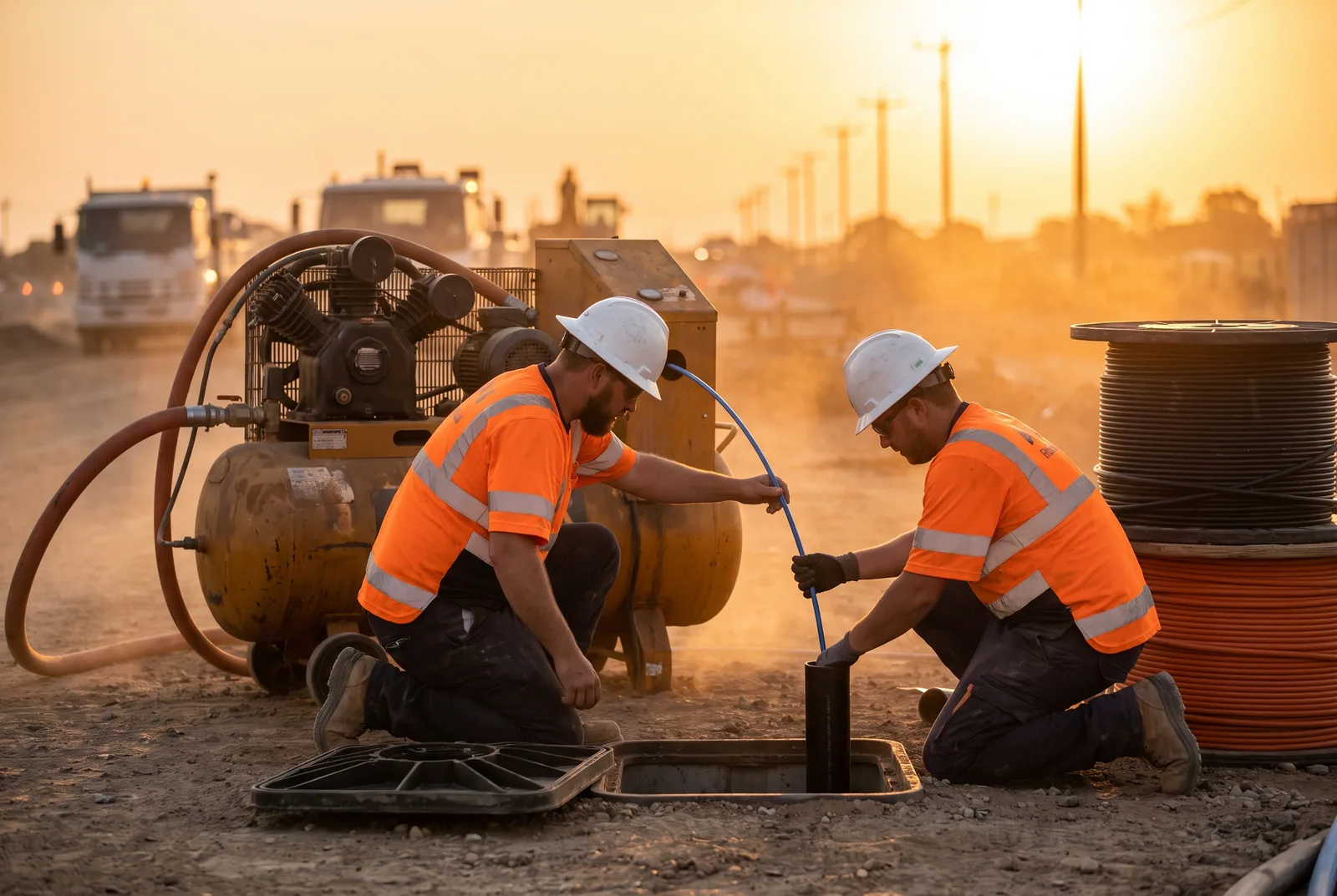 Two workers blowing fiber optic cable into conduit at an open utility vault