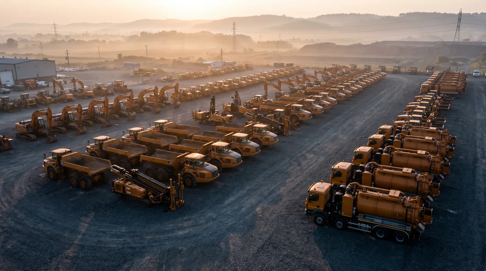 Aerial view of an amber equipment fleet staged at a dispatch yard