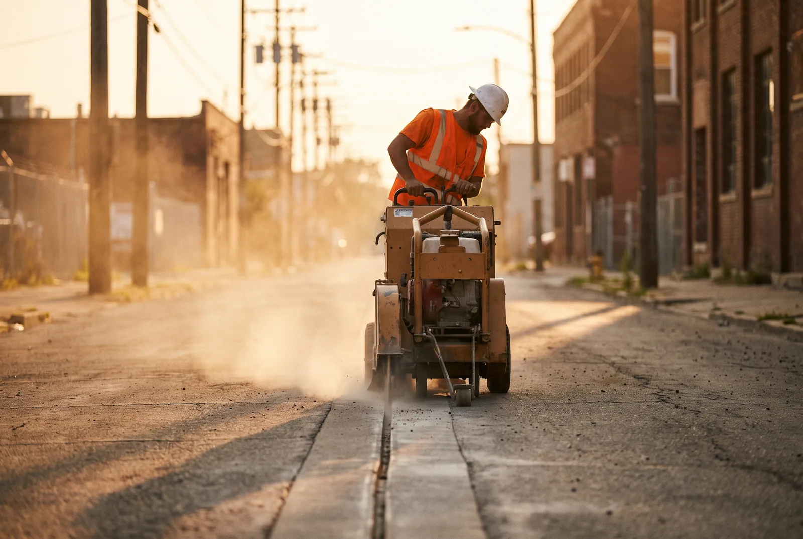 Walk-behind micro-trenching saw cutting a narrow slot in pavement for fiber conduit