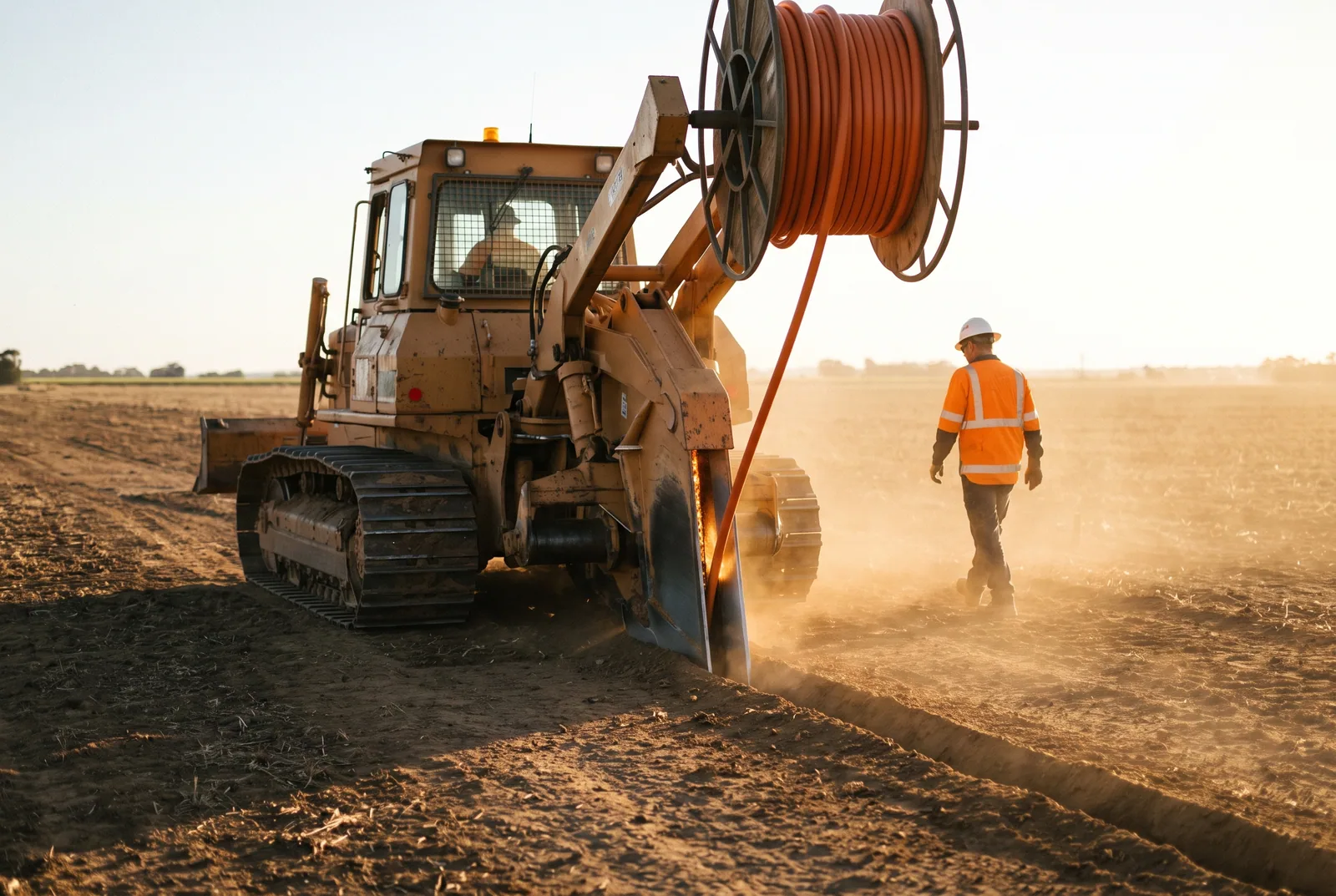 Tracked vibratory plow feeding conduit into the ground across open terrain