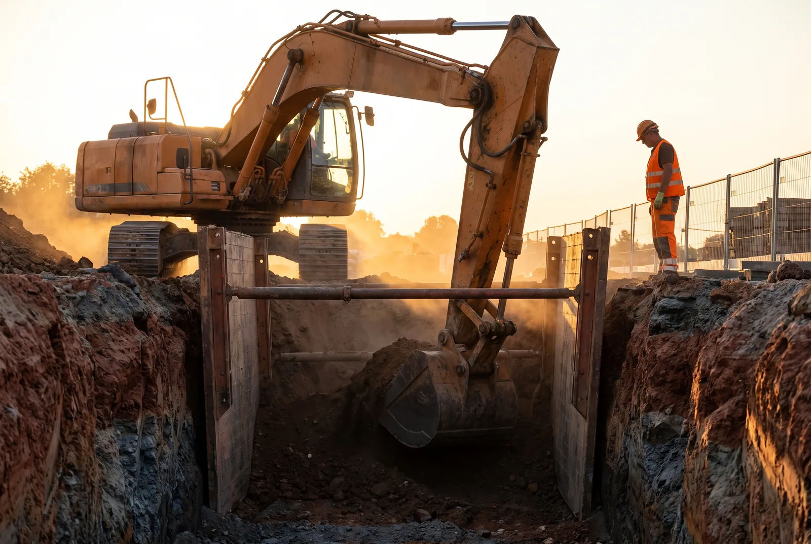 Amber excavator digging a utility trench with shoring
